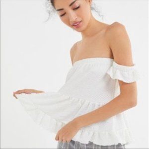 NWT  Urban Outfitters Size Small Ivory Dotted Off Shoulder Babydoll Top